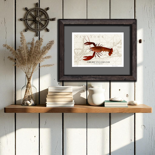 American Lobster Original Watercolor Print on Antique NY Map – Nautical Coastal Wall Art, Fishermen Gift, Beach House Art, Ocean Life Art