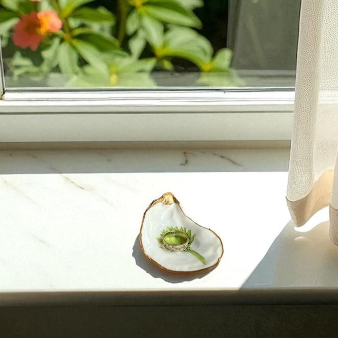 Decoupage Oyster Shell Jewelry Dish, Artichoke Design, Beach House Decor, Kitchen Accent