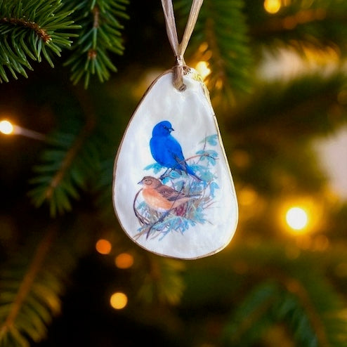 Holiday Ornaments Decoupage Oyster Shell Bird Lover Art