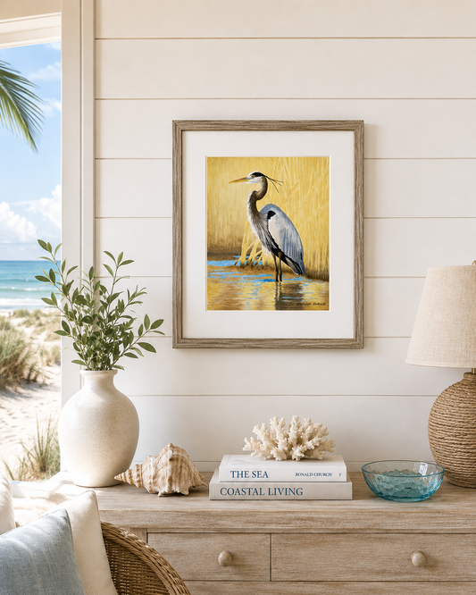 Great Blue Heron Watercolor Print, Nature Wildlife Landscape, Original Art Print, Coastal Wall Decor, Beach Painting Gift, Shorebird Art