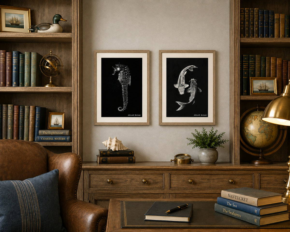 Vintage Seahorse Art Print – White Seahorse on Black – Nautical Illustration – Coastal & Modern Wall Art