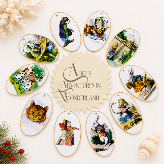 Hand-Colored Decoupage Ornament – Alice in Wonderland Lover Gift, Holiday Decor
