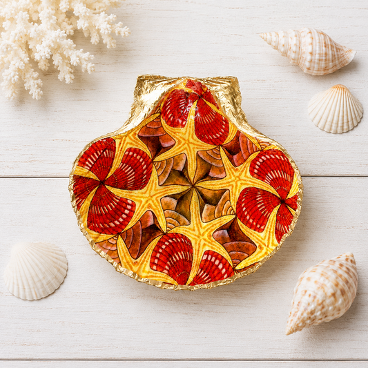 Escher Inspired Scallop Shell Ring Dish, Gold Rim Jewelry Holder, Coastal Art Gift, Beach House Decor