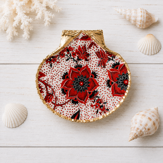 Red Floral Scallop Shell Ring Dish, Botanical Jewelry Holder, Handmade Gift for Her