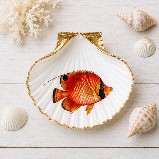 Tropical Fish Scallop Shell Ring Dish, Coastal Jewelry Holder, Beach House Decor, Ocean Lover Gift