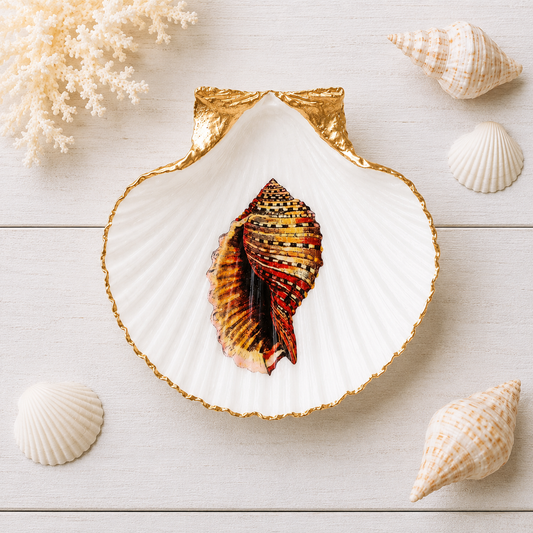 Decoupage Scallop Shell Trinket Dish Conch Shell Art