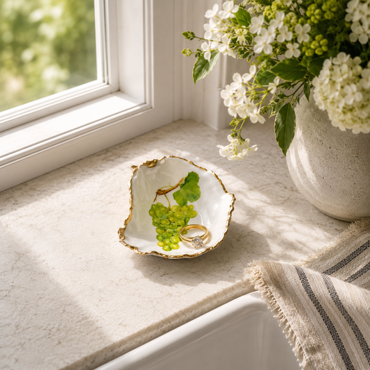 Grape Cluster Oyster Shell Ring Dish – Wine Gift Idea – Gold Leaf Fruit Trinket Dish – Cottagecore Kitchen Decor,Decoupage Oyster Shell Dish