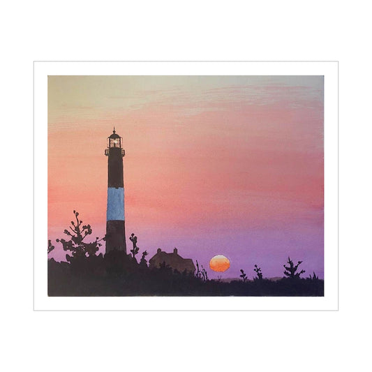 Fire Island Lighthouse Art, Original Watercolor Print, Calm Pastel Seascape Art, Beach House Coastal Decor, Sunrise Coastal Painting