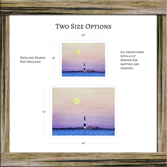 Fire Island Lighthouse, Giclée Print of Original Watercolor, Coastal Wall Art, Moonrise Beach Scene, Limited Edition East Coast Landscape