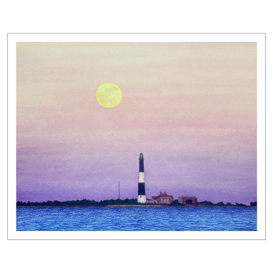 Fire Island Lighthouse, Giclée Print of Original Watercolor, Coastal Wall Art, Moonrise Beach Scene, Limited Edition East Coast Landscape