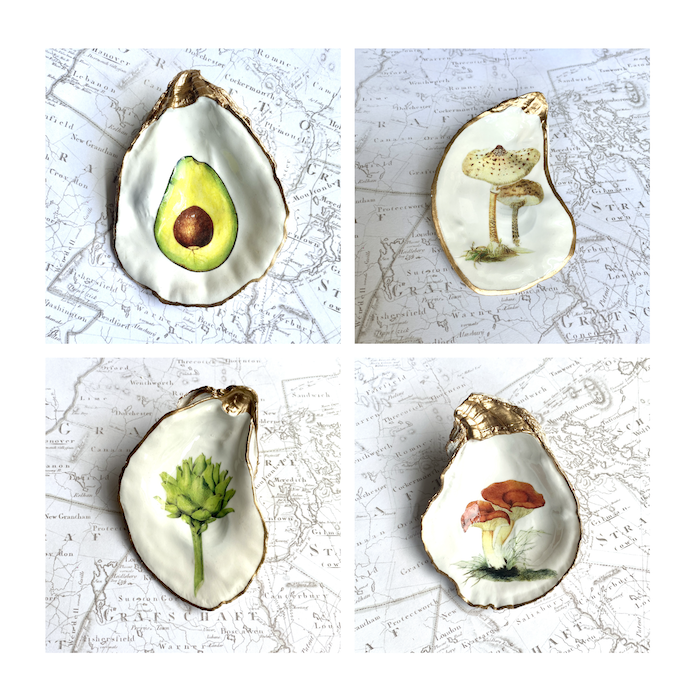 Mushroom Oyster Shell Ring Dish – Gold Leaf Decoupage Jewelry Holder, Cottagecore Trinket Dish, Woodland Nature Gift,Ring Holder for Kitchen