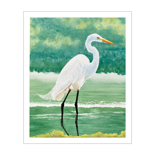 Great Egret Watercolor Print, Nature Wildlife Landscape, Limited Edition Print, Coastal Wall Decor, Beach Painting Gift, Shorebird Art