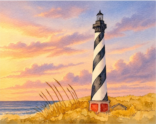 Cape Hatteras Lighthouse Watercolor Print | Original Outer Banks Art | North Carolina Coastal Wall Decor | Nautical Beach House Artwork