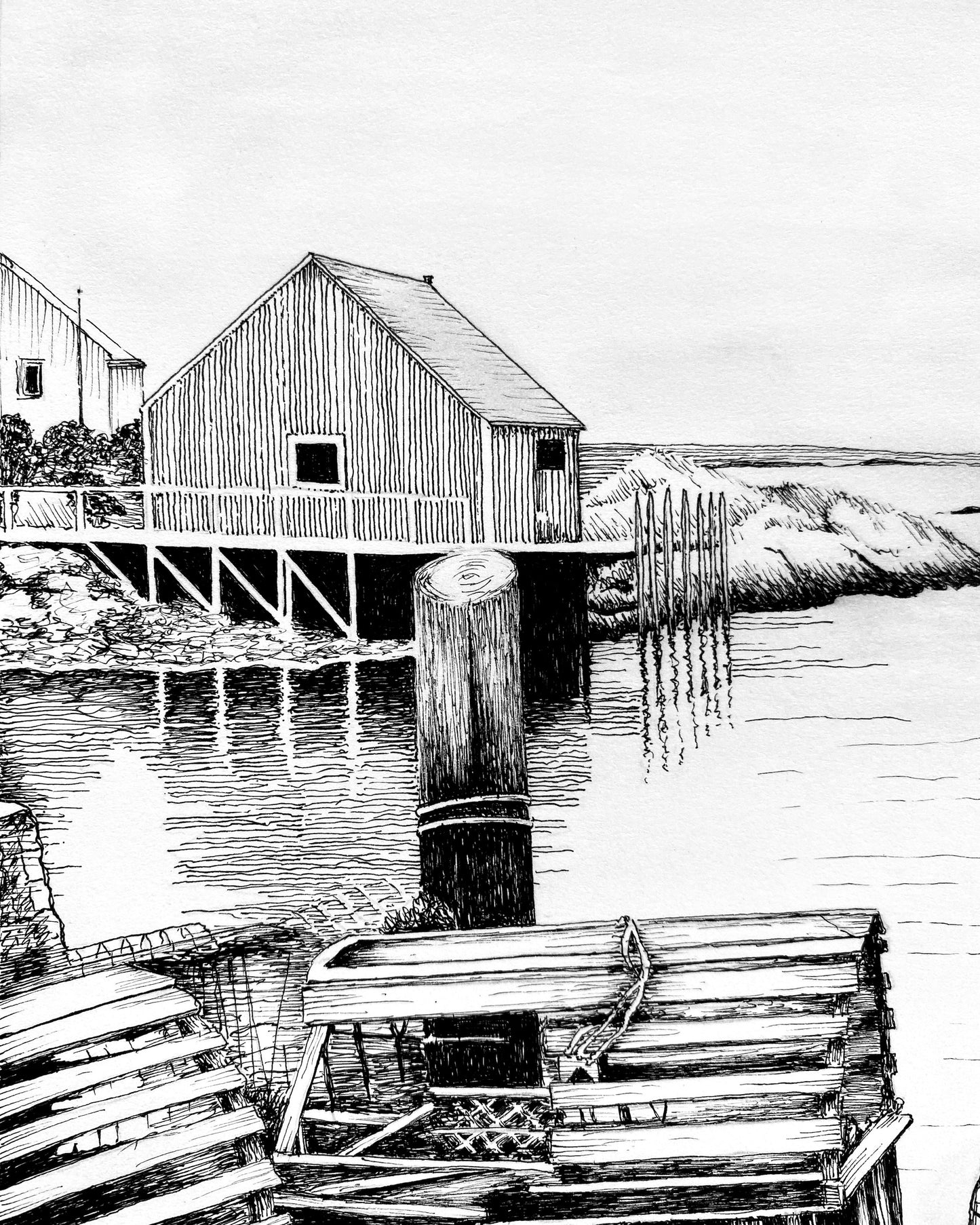 Pen & Ink Print of Peggy’s Cove Fishing Village – Halifax, Nova Scotia, Coastal Artwork