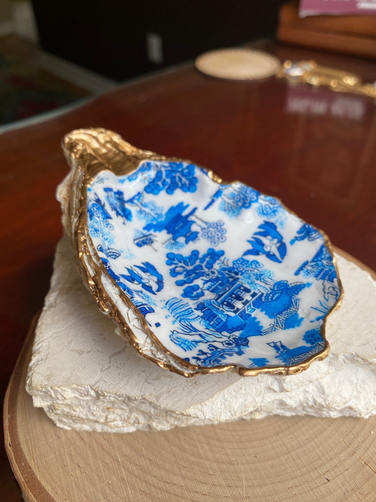 Decoupage Chinoiserie Oyster Shell Ring Dish – Coastal Jewelry Holder, Hostess Gift