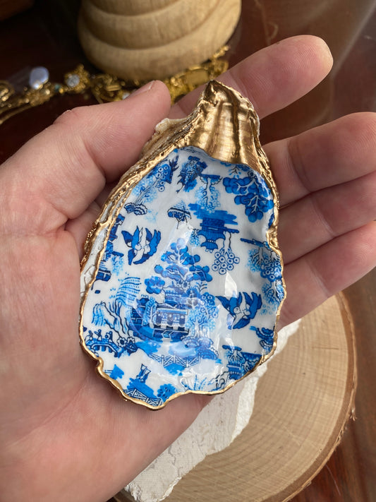 Decoupage Chinoiserie Oyster Shell Ring Dish – Coastal Jewelry Holder, Hostess Gift