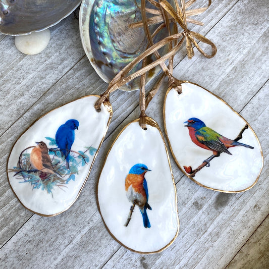 Holiday Ornaments Decoupage Oyster Shell Bird Lover Art