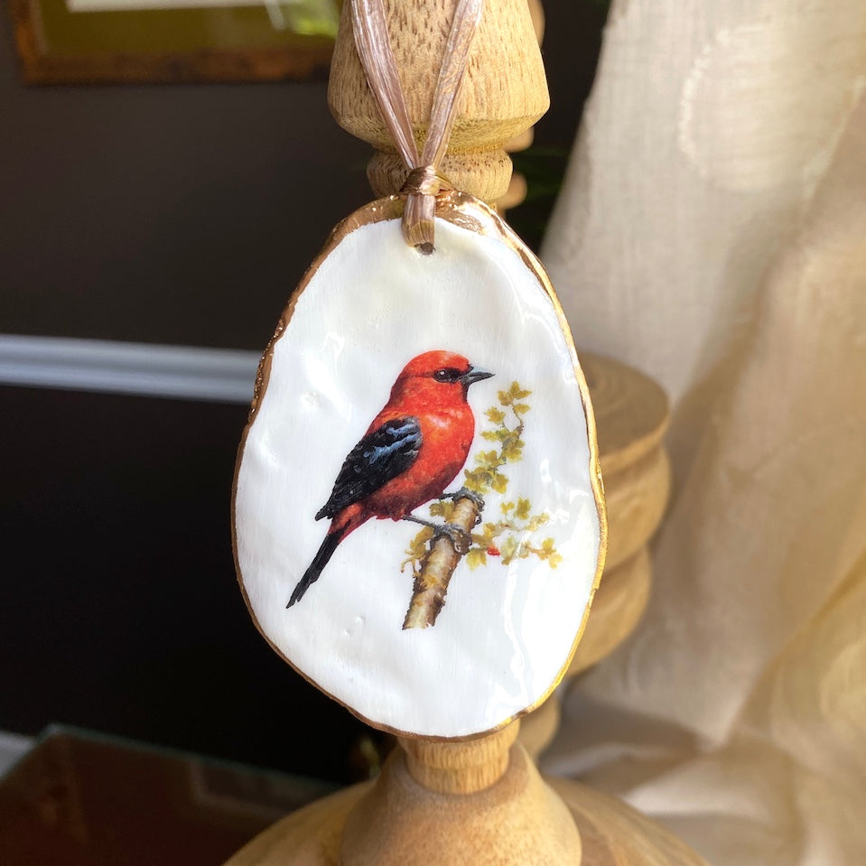 Holiday Ornaments Decoupage Oyster Shell Bird Lover Art
