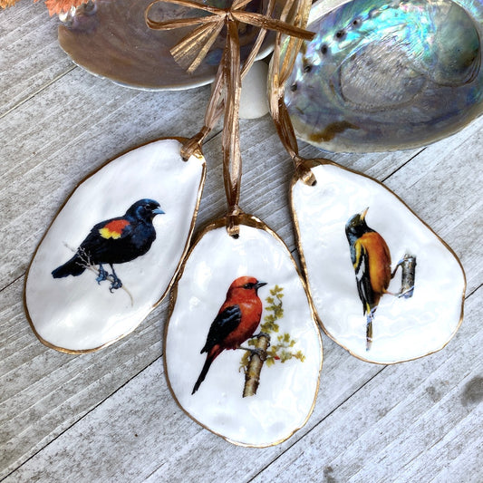 Holiday Ornaments Decoupage Oyster Shell Bird Lover Art