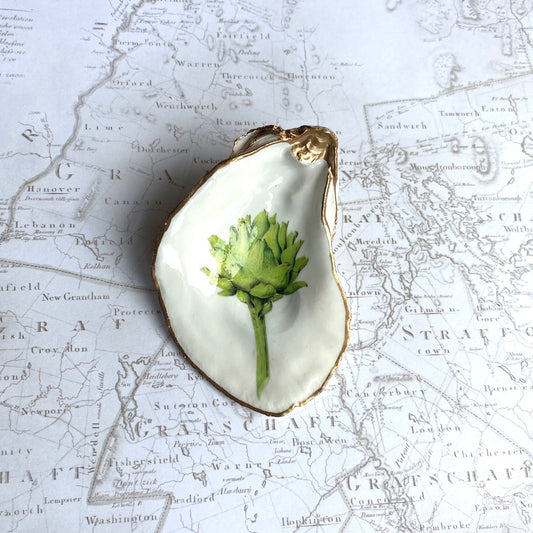 Decoupage Oyster Shell Jewelry Dish, Artichoke Design, Beach House Decor, Kitchen Accent