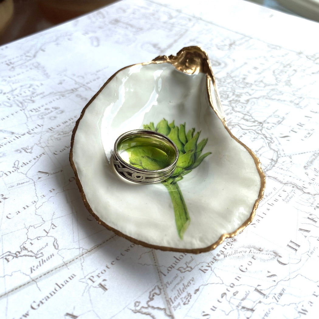 Decoupage Oyster Shell Jewelry Dish, Artichoke Design, Beach House Decor, Kitchen Accent