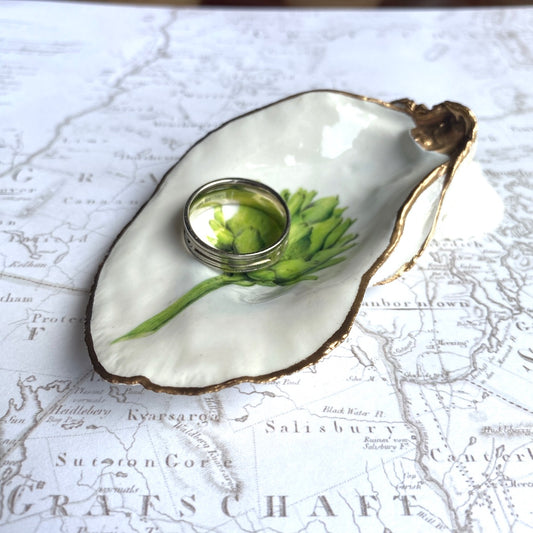 Decoupage Oyster Shell Jewelry Dish, Artichoke Design, Beach House Decor, Kitchen Accent