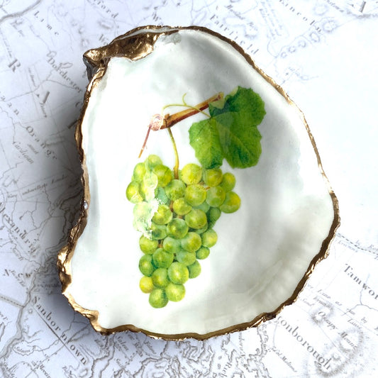 Grape Cluster Oyster Shell Ring Dish – Wine Gift Idea – Gold Leaf Fruit Trinket Dish – Cottagecore Kitchen Decor,Decoupage Oyster Shell Dish