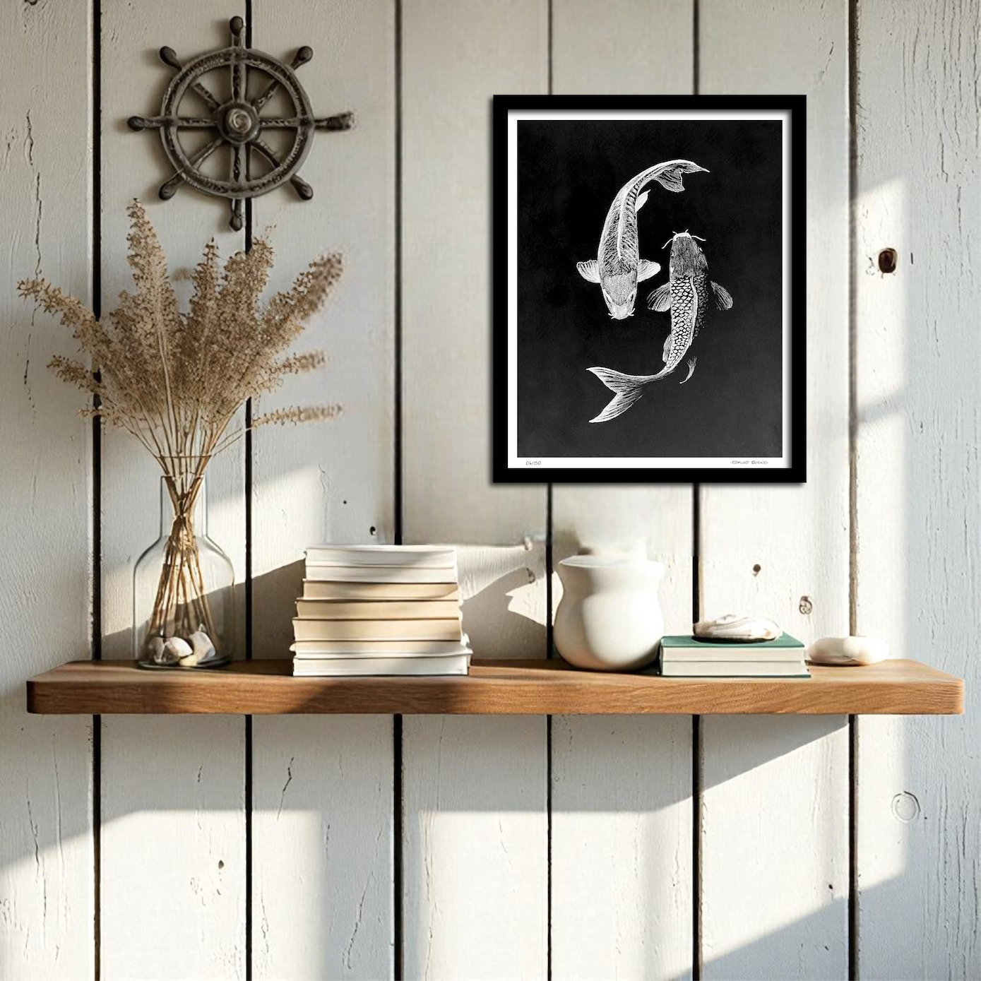 Archival Print Colored Pencil Drawing of Koi Fish – White Koi on Black Background – Fine Art Illustration – Zen Water Garden Art