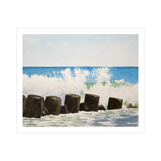 Ocean Beach Jetty, Coastal Watercolor Art from Fire Island, Seascape Watercolor Print, Beachhouse Decor