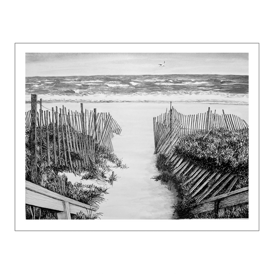 Fire Island Sand Dunes Black & White Pen and Ink Beach Path Print — Long Island Ocean Shore Art, Beach House Coastal Wall Decor