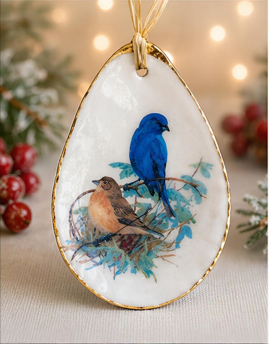 Indigo Bunting Oyster Shell Ornament, Bird Lover Gift, Christmas Keepsake