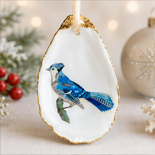 Blue Jay Oyster Shell Ornament, Blue Jay Lover Gift, Christmas Keepsake