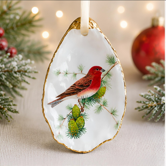Rose Finch Oyster Shell Ornament, Bird Lover Gift, Woodland Holiday Decor, Christmas Keepsake