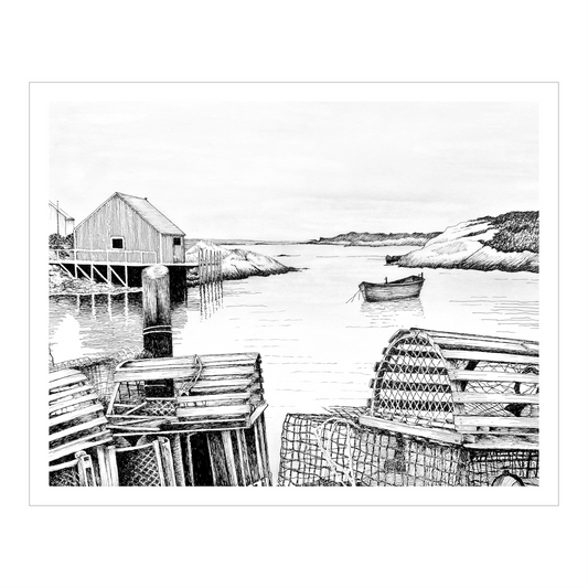 Pen & Ink Print of Peggy’s Cove Fishing Village – Halifax, Nova Scotia, Coastal Artwork