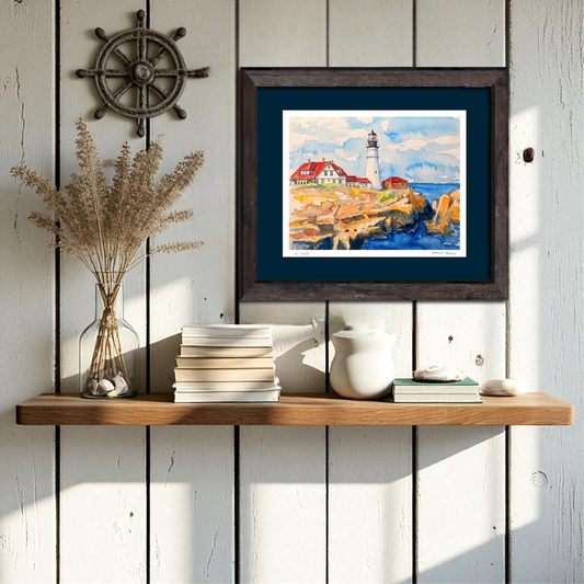 Portland Head Lighthouse Watercolor Print, Maine Coastal Wall Art, Archival Print of Original Watercolor Painting, New England Home Decor
