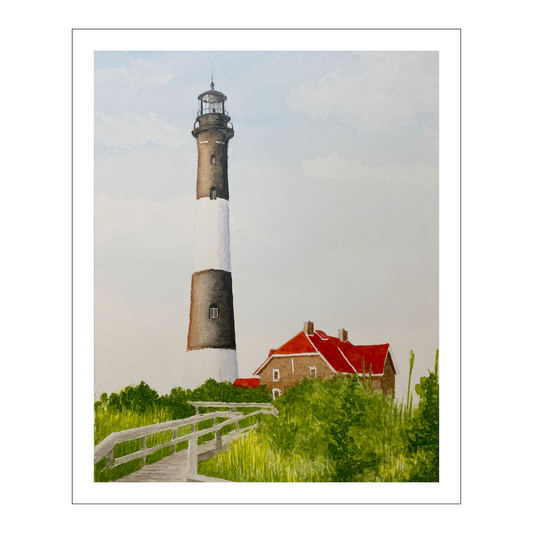 Fire Island Lighthouse Art, Original Watercolor Print, Sunny Summer Seascape Art, Beach House Coastal Decor Gift, Beachy Seaside Painting