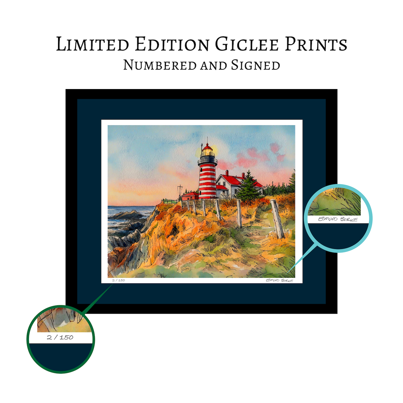 West Quoddy Head Lighthouse Original Watercolor Print – Coastal Maine Art