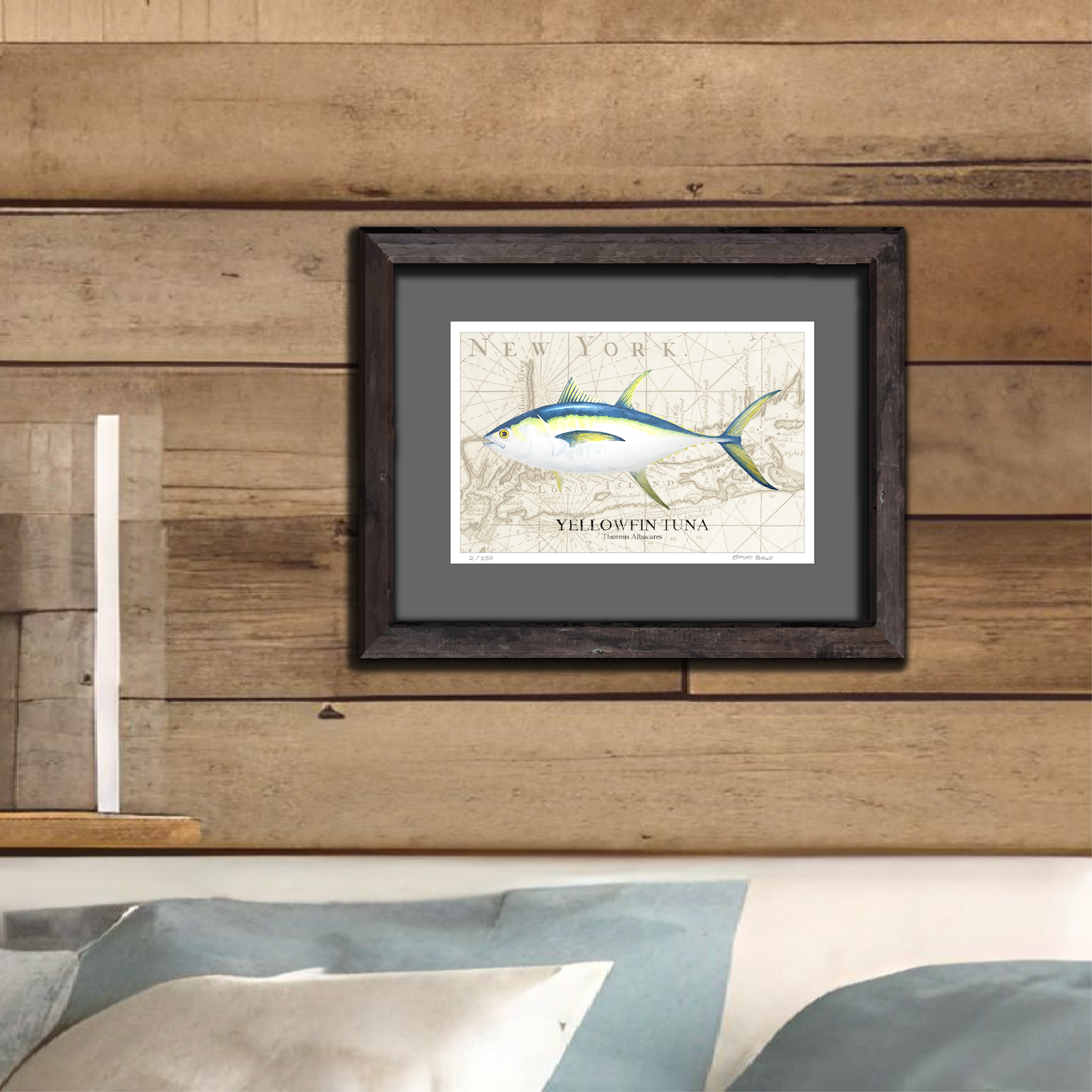 Yellowfin Tuna Watercolor Print Over Vintage Long Island Map – Nautical Coastal Wall Art, Fishermen Angler Gift, NY Beach House Décor