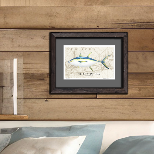 Yellowfin Tuna Watercolor Print Over Vintage Long Island Map – Nautical Coastal Wall Art, Fishermen Angler Gift, NY Beach House Décor