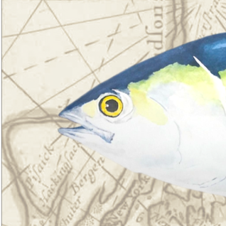 Yellowfin Tuna Watercolor Print Over Vintage Long Island Map – Nautical Coastal Wall Art, Fishermen Angler Gift, NY Beach House Décor