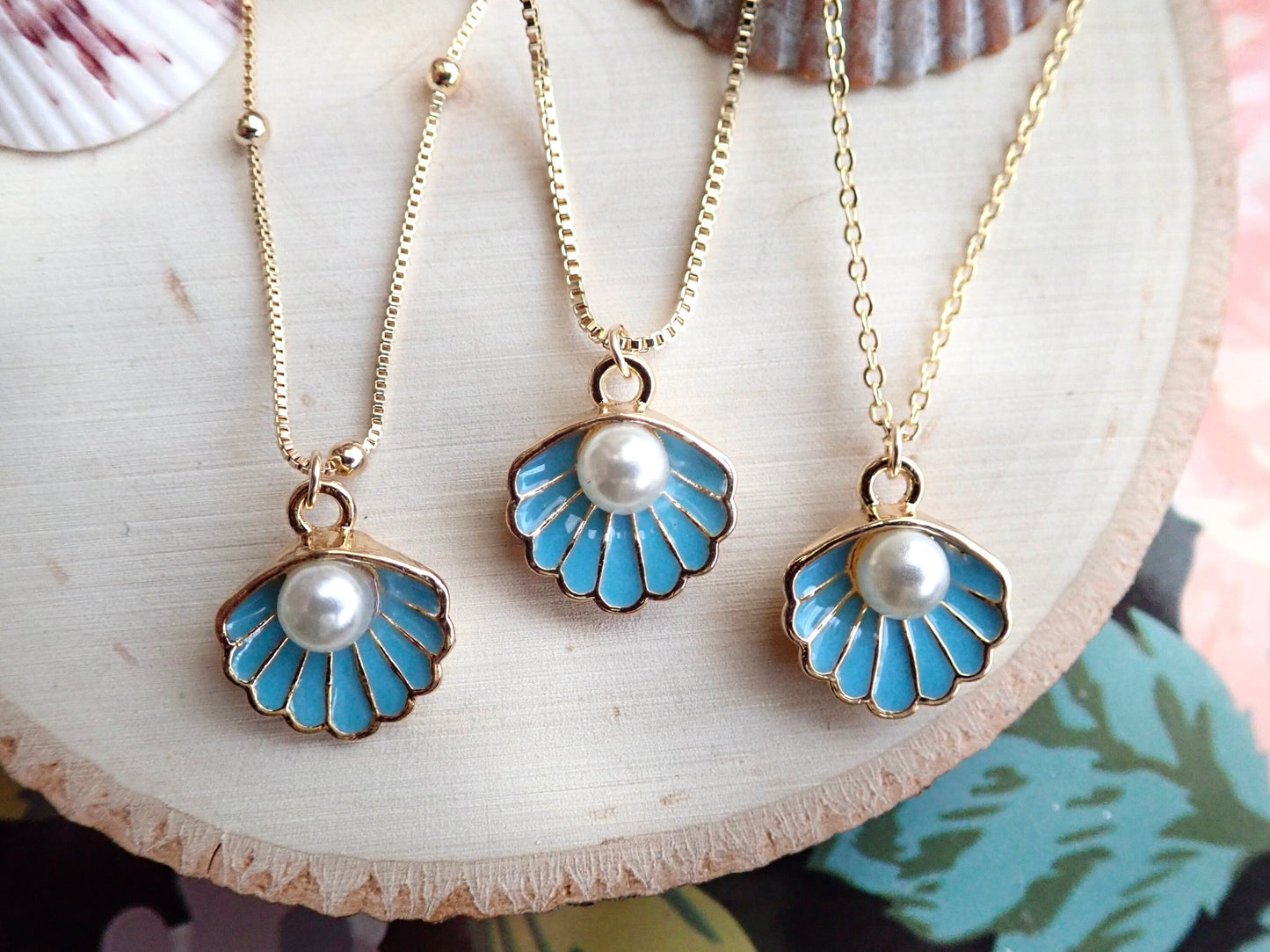 Gold Shell Charm Necklace – Dainty Pearl Seashell Pendant, Mermaid Jewelry