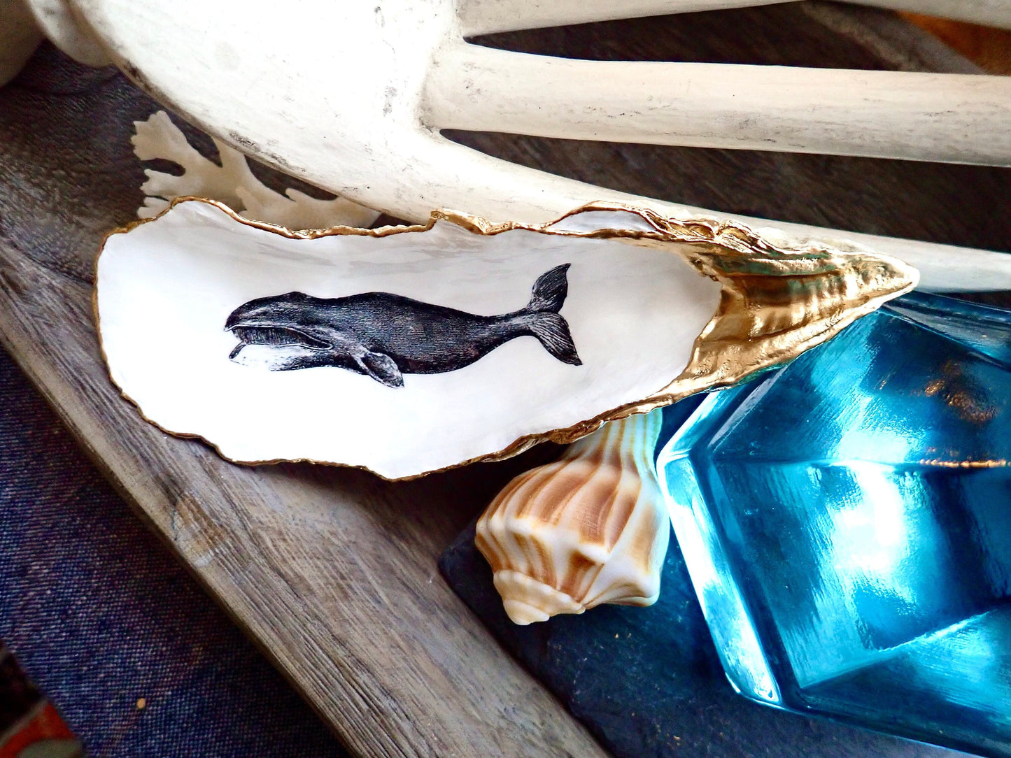 Whale Art Decoupage Oyster Shell Trinket Dish