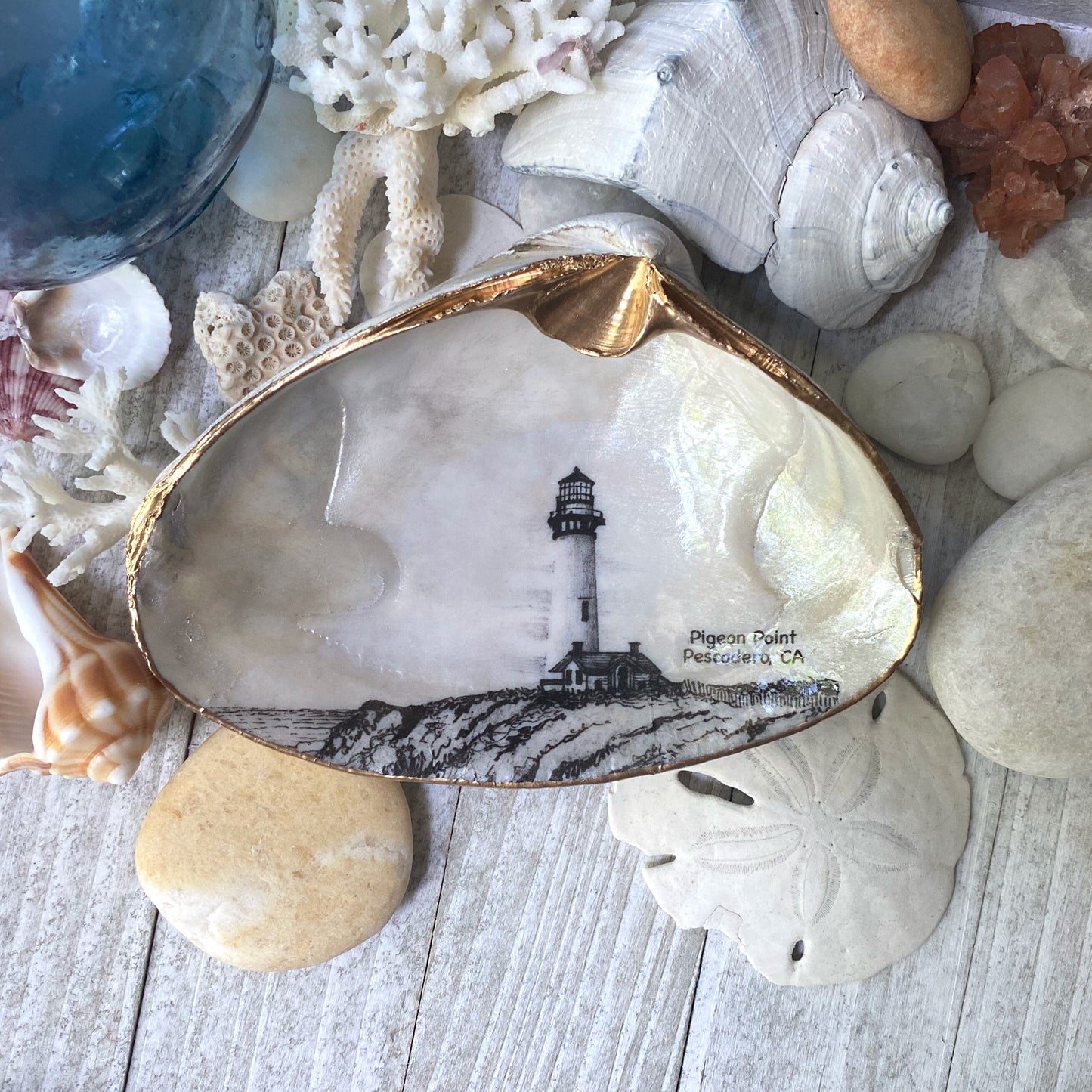 Decoupage Clam Shell Trinket Dish Pigeon Point Lighthouse Art