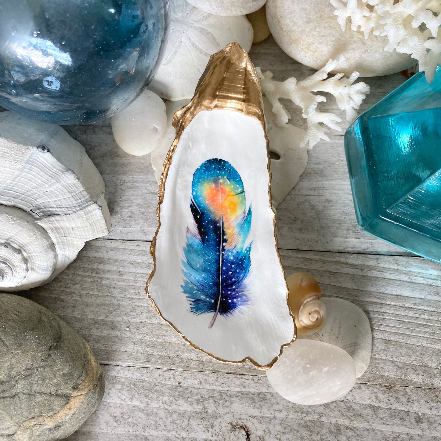 Decoupage Oyster Shell Trinket Dish - Feather Design, Beach House Decor