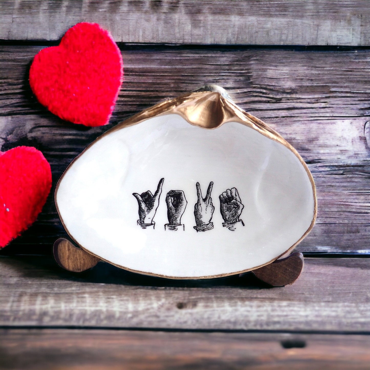 American Sign Language "Love" Decoupage Clam Shell Trinket Dish
