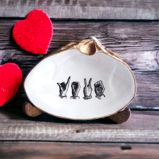 American Sign Language "Love" Decoupage Clam Shell Trinket Dish