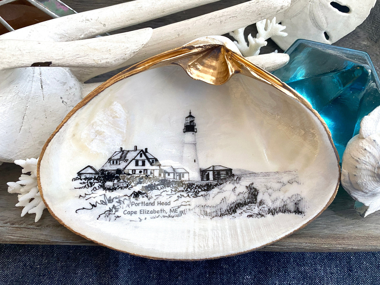 Decoupage Clam Shell Trinket Dish Portland Head Lighthouse