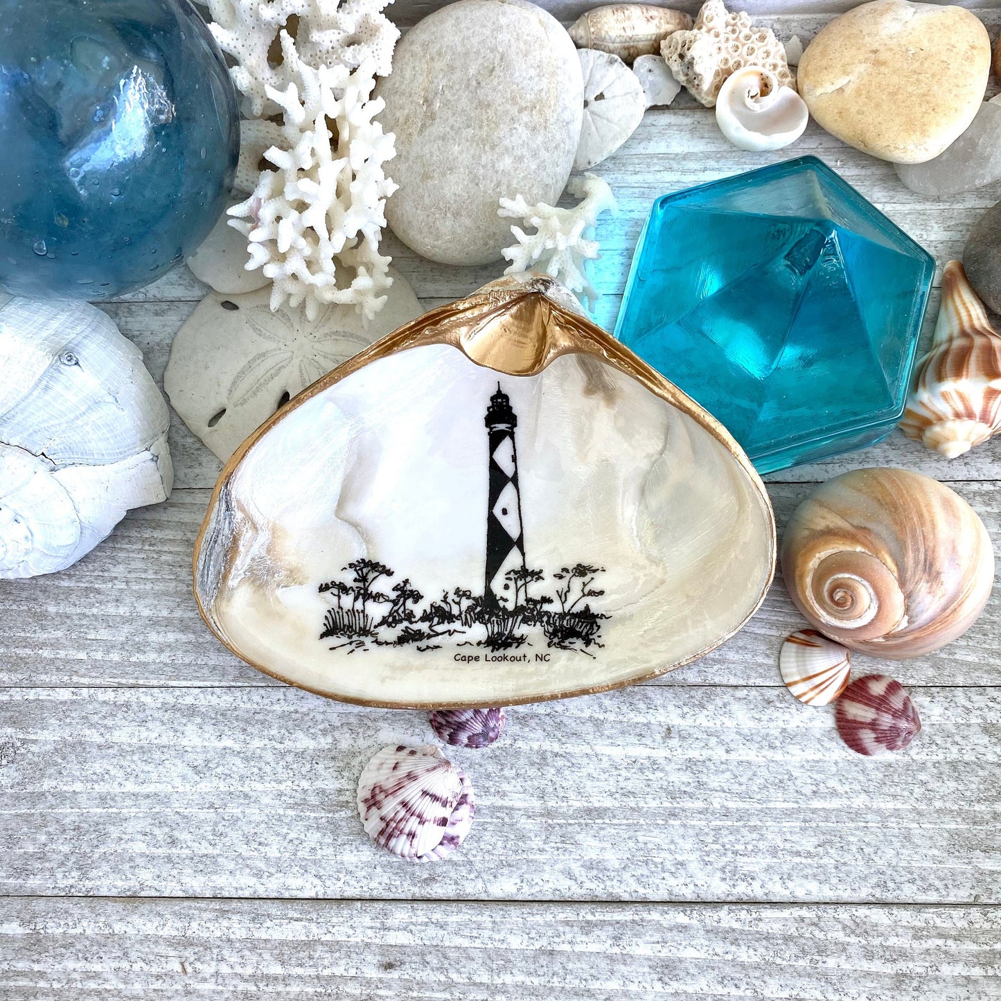 Decoupage Clam Shell Trinket Dish Cape Lookout Lighthouse Art