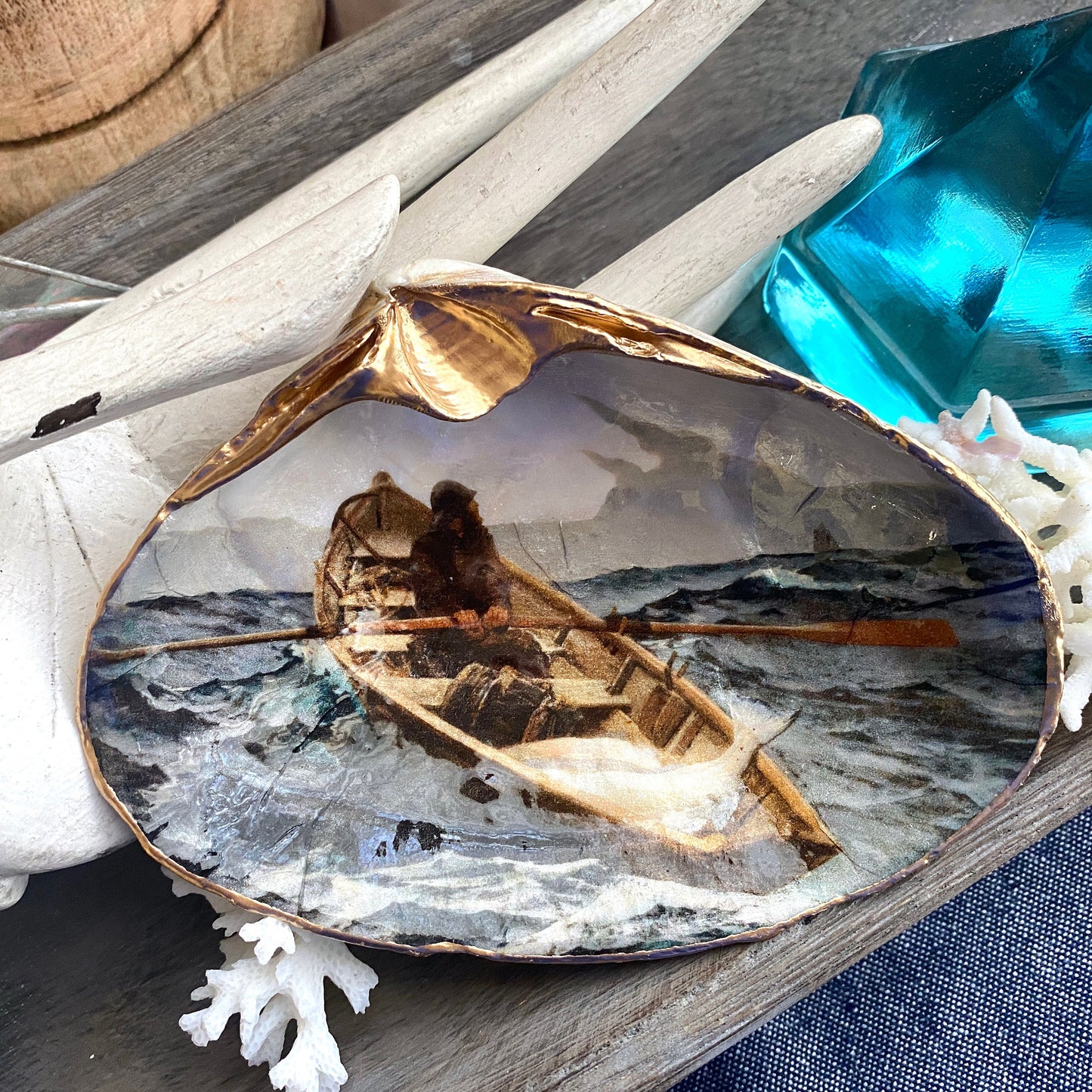 Handcrafted 'The Fog Warning' Clam Shell Ring Dish – Decoupage Fisherman Art, Coastal Decor