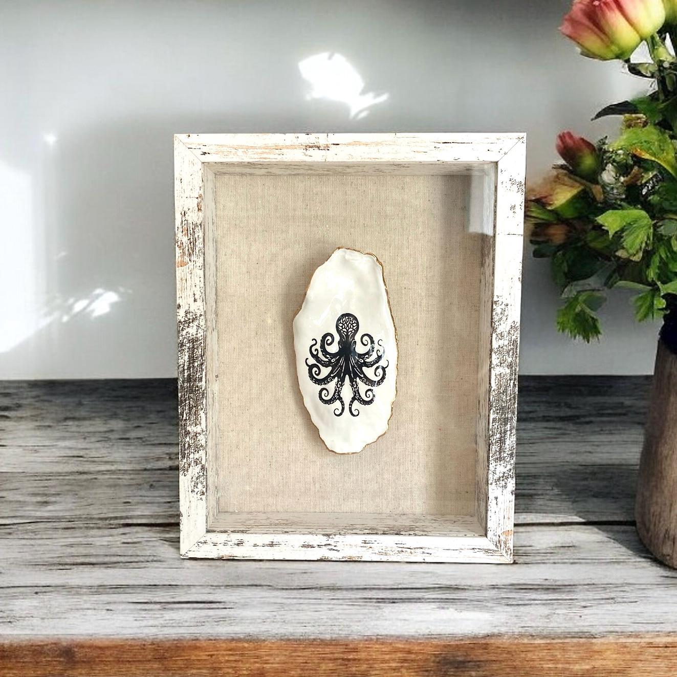 Decoupage Octopus Oyster Shell Shadow Box – Hand-Crafted Coastal Wall Hanging, Nautical Gift
